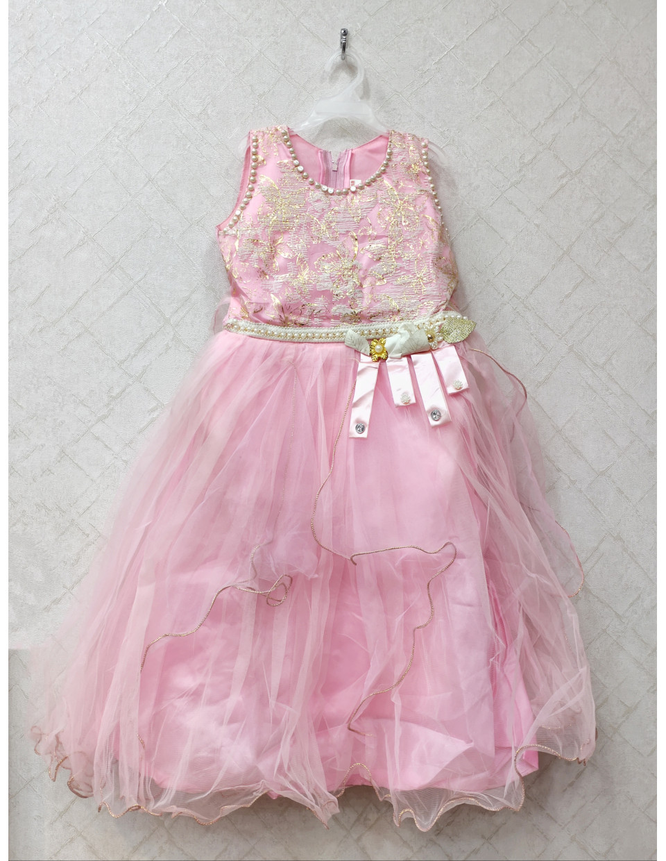 Baby Pink Net Kids Dress With Beads Work (KRB21)